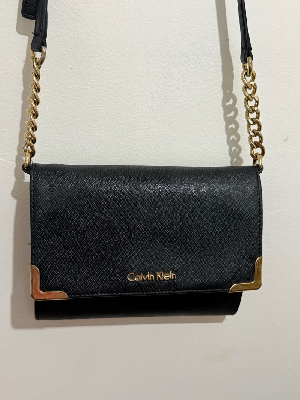 Calvin Klein Black Crossbody with Gold Chain and Corner Accents